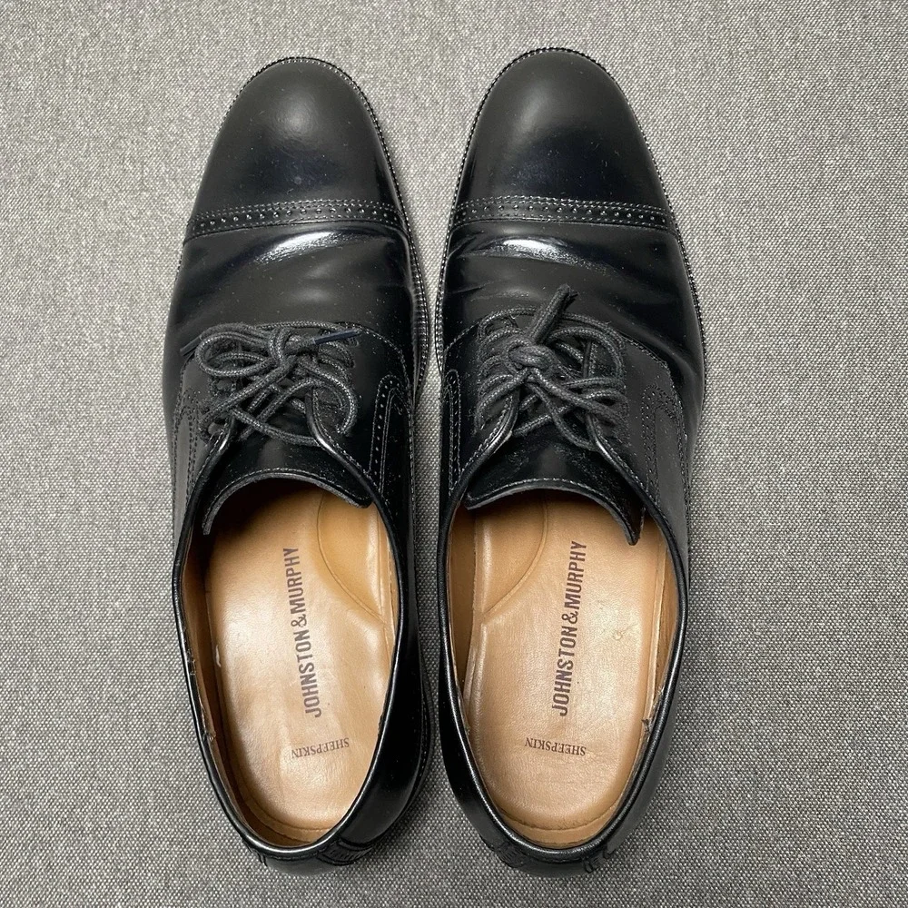 Johnston Murphy Bradford Cap Toe Derby Dress Shoes 10D Sheepskin Black 15-1771
